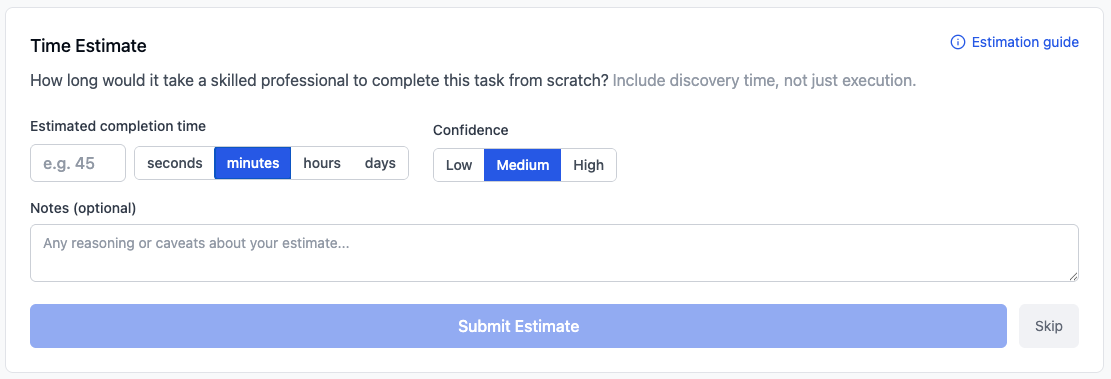 Screenshot of the estimation interface showing time estimate input, unit selector, confidence level, and optional notes field
